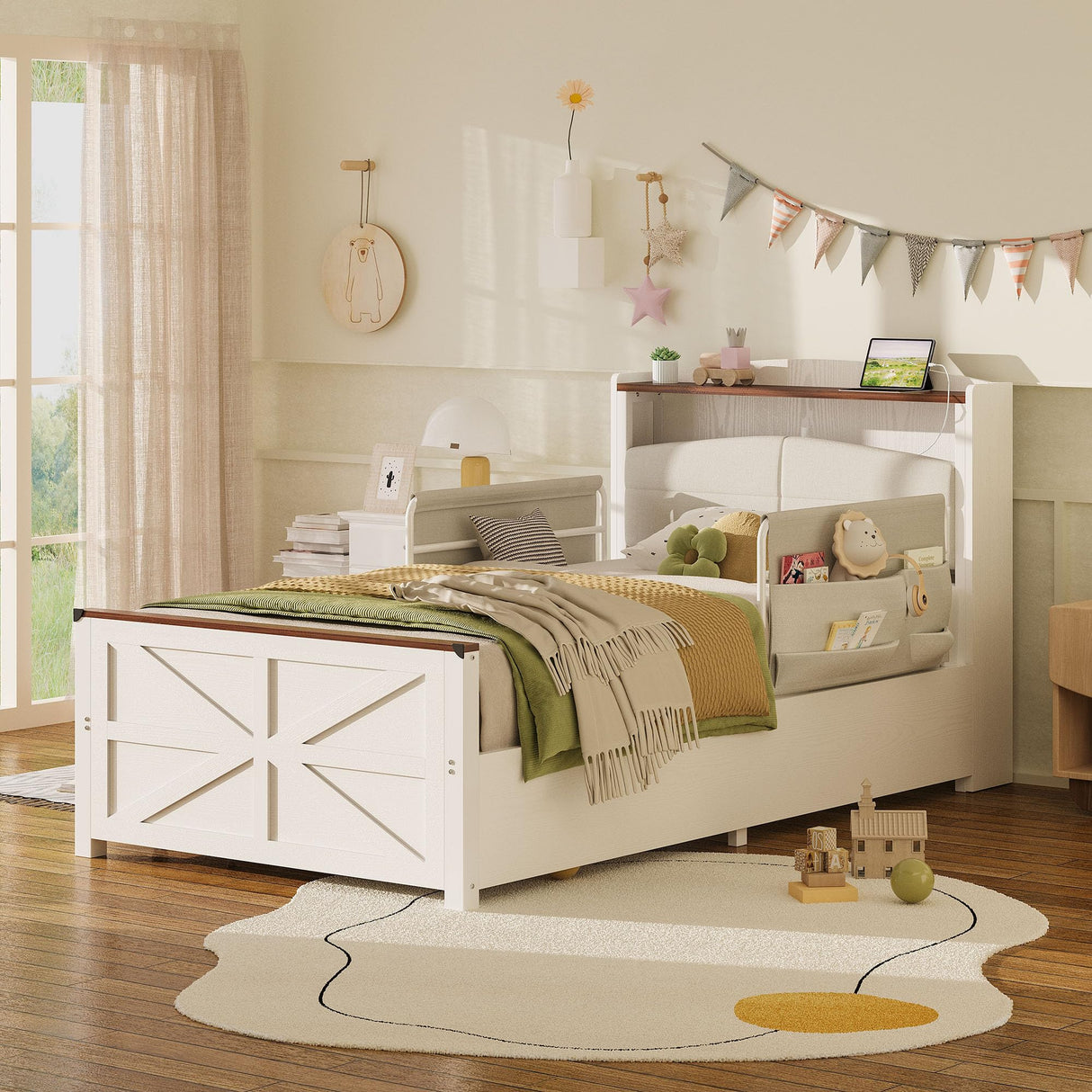 IRONCK Twin Bed Frame with Rails, Farmhouse Platform Bed with 2 Drawers, Upholstered StorageHeadboard & Charging Station for Boys Girls Teens, No Box Spring Needed, White/Walnut IRONCK