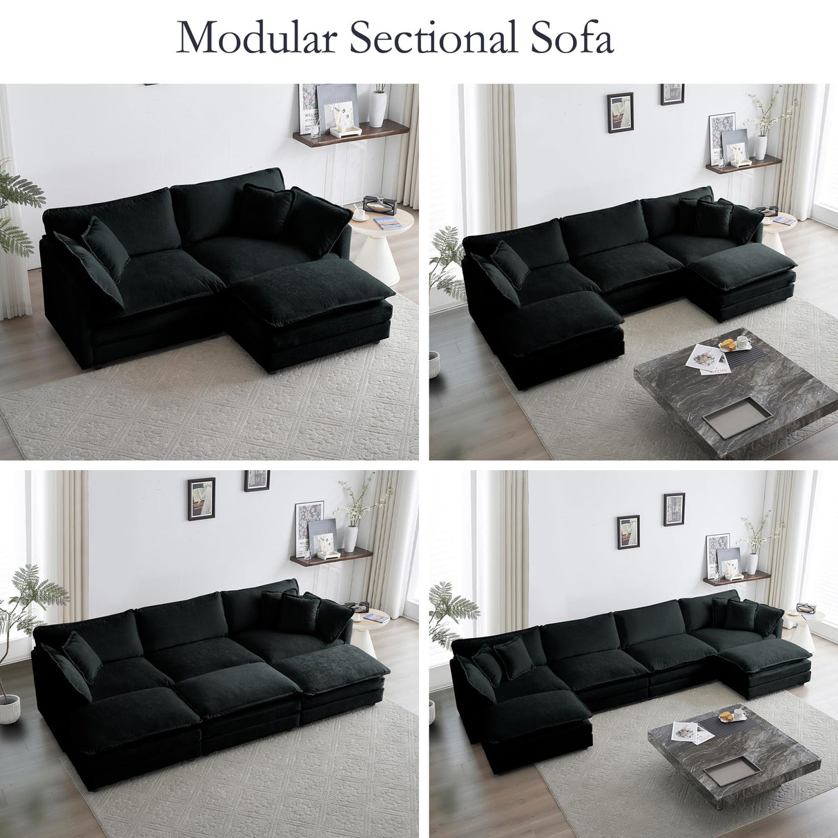 GNIXUU Deep Seat Sectional Sofa, Comfy Cloud Couch Loveseat with Ottoman, 76.7" Modern Chenille Upholstered Modular Sofa L Shaped Couch for Living Room, Apartment, Studio, Office(Black). GNIXUU