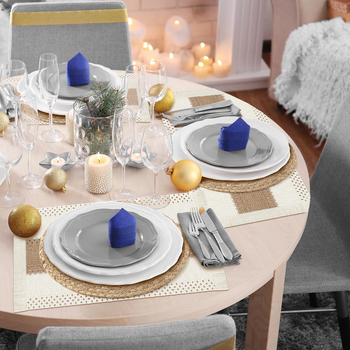 ADRIMER Placemats Set of 6, Handmade Round Woven Table Mats, Burlap Boho Table Place Mats and 1 Pcs 72 Inch Table Runner with Macrame for Kitchen and Dining Table Farmhouse Decor ADRIMER