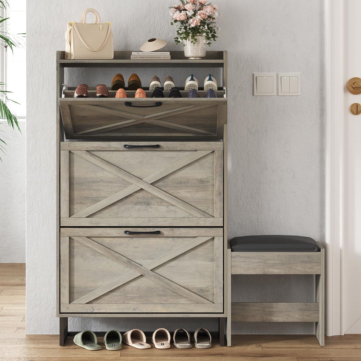 Maupvit Shoe Storage Cabinet with 3 Flip Drawers, Farmhouse Freestanding Organizer with Bench and Seat Cushion, Narrow Slim Shoe Rack Cabinet with Metal Legs for Entryway,Grey Maupvit