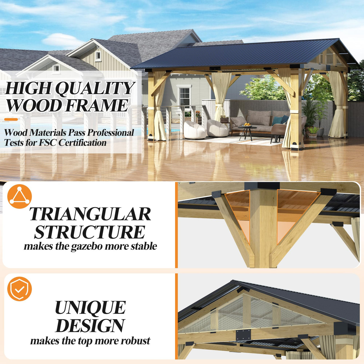 COVERONICS 13’x15’ Outdoor Wood Gazebo - Hardtop Patio Gazebo with Galvanized Steel Roof, Cedar Wooden Gazebo with Privacy Curtains and Netting for Garden, Porch, Patio and Deck COVERONICS