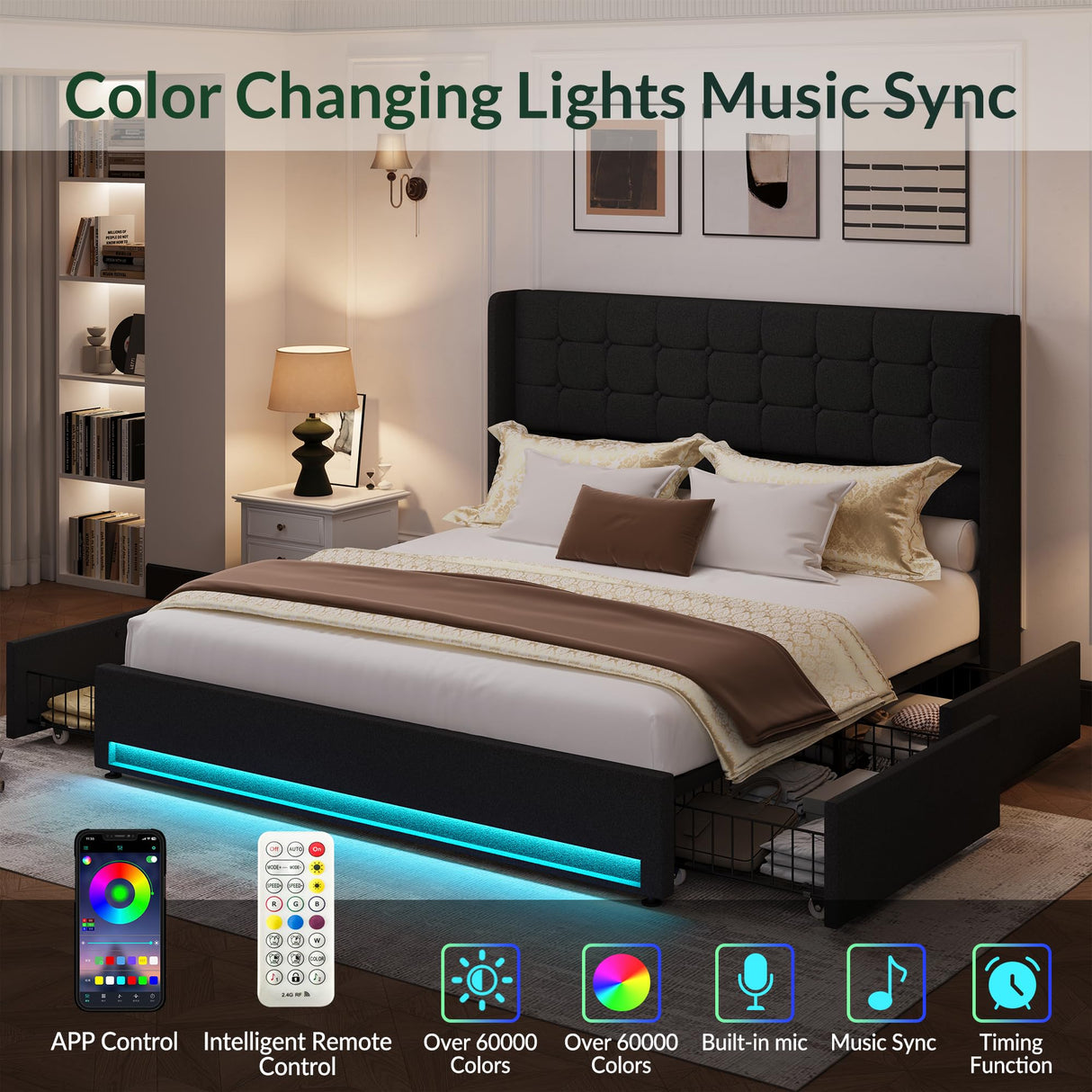 LARMACE King Size Bed Frame with Storage Drawers and Wingback Headboard Velvet Upholstered Platform Bed Frame Tufted Beds with Led Lights, Heavy Duty, No Box Spring Needed, Easy Assembly, Black LARMACE