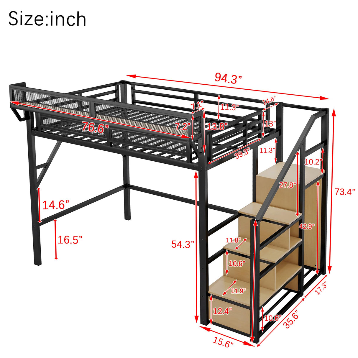 KEIKI Full Size Metal Loft Bed Frame with Staircase, Built-in Storage Shelves and Wardrobe, Modern Loft Bed with Solid Slats and Guardrail, No Box Spring Required, Easy Assembly, for Bedroom, Black KEIKI