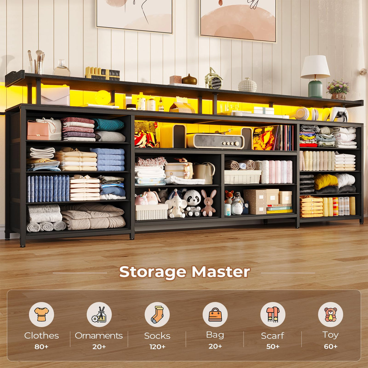 HAUOMS TV Stand & Dresser for 65 Inch TV, 63" W with LED Lights & Power Outlets, Black Long Dresser with 12 Fabric Drawers, Entertainment Center with Shelves, for Bedroom HAUOMS