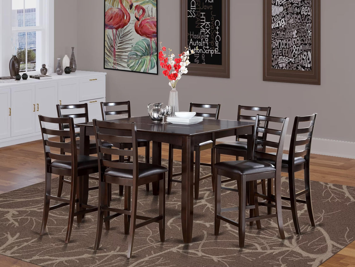 East West Furniture FAIR9-CAP-LC 9 Piece Counter Height Dining Set Includes a Square Kitchen Table with Pedestal and 8 Faux Leather Dining Room Chairs, 54x54 Inch, Cappuccino East West Furniture