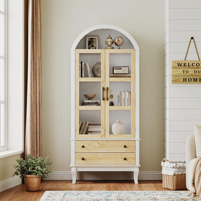 71" Tall Arched Kitchen Pantry, Modern Farmhouse Wood Kitchens Storage Cabinets with 2 Large Drawers and Adjustable Shelves, Arched Display Cabinet with Glass Doors for Dining Room, Bathroom
