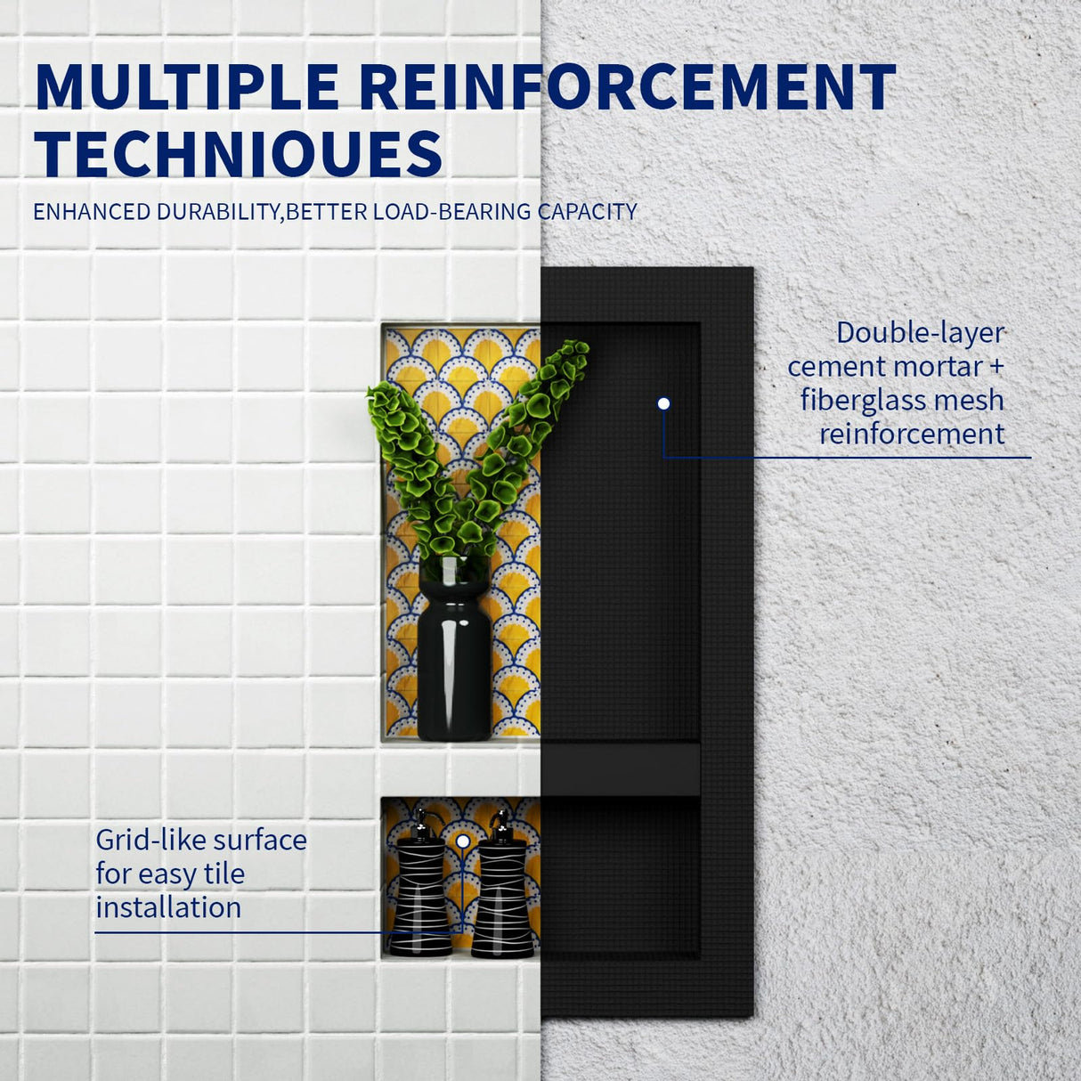 BWE Black Shower Niche Insert Tile Ready 16" X 32" Rectangle for Shower Wall Prefabricated Waterproof Double Shelves Recessed Niche for Shower Bathroom Storage BWE