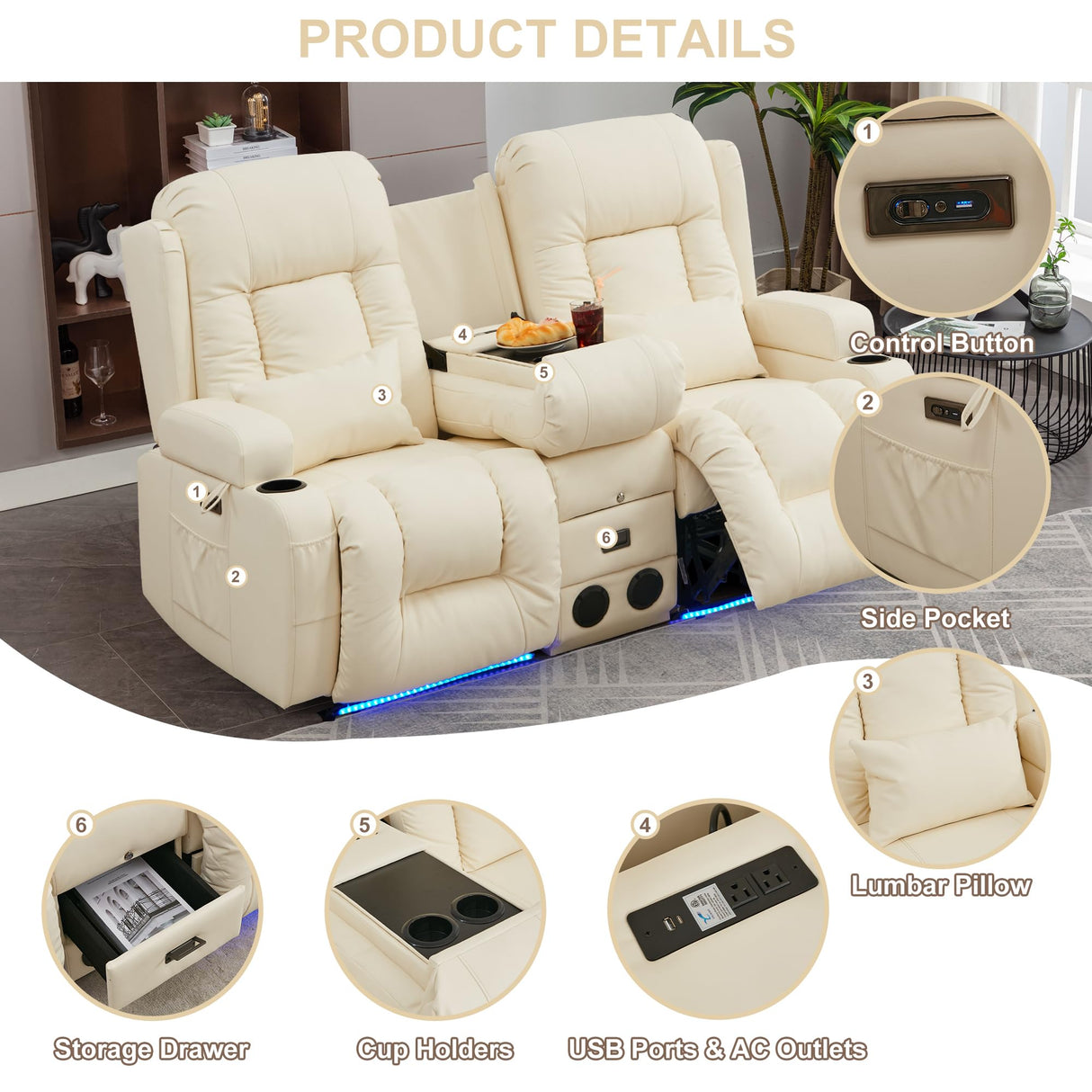 TUNYI Power Loveseat Recliner Sofa with Massage & Heat Home Theater Seating with Console Electric Recliner RV Sofa with USB/Outlet/Storage/Side Pocket/LED Light/Speaker (Cream White) TUNYI
