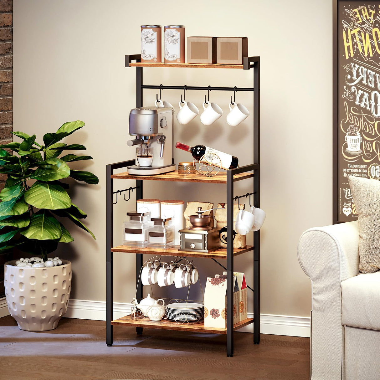 HOOBRO Rustic Brown 4-Tier Multifunctional Baker's Rack with Storage & Hooks for Kitchen and Living Spaces HOOBRO
