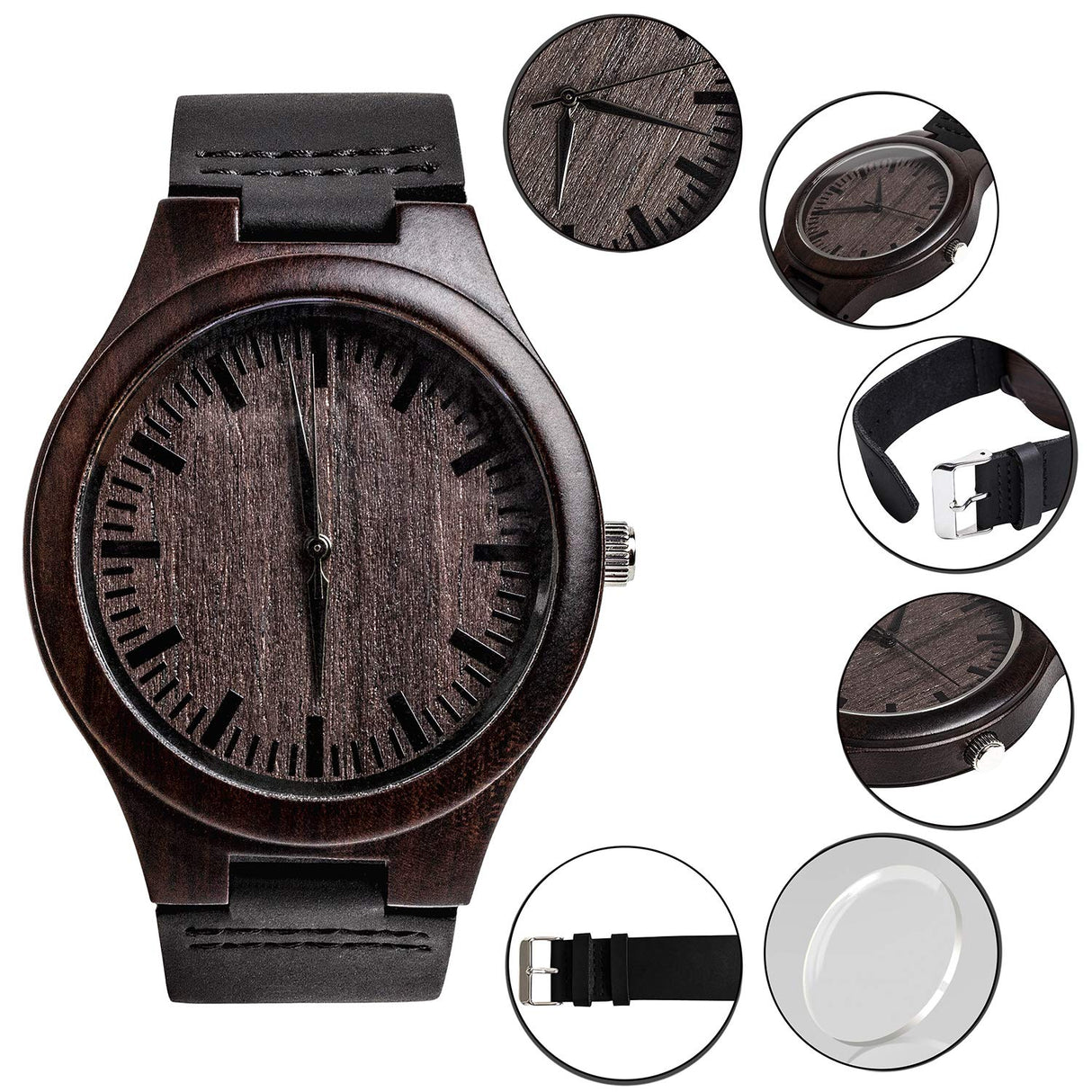 KOSTING Personalized Wood Watches - Engraved Wood Men Watch Black Leather Band Boyfriend Husband Christmas Gifts KOSTING