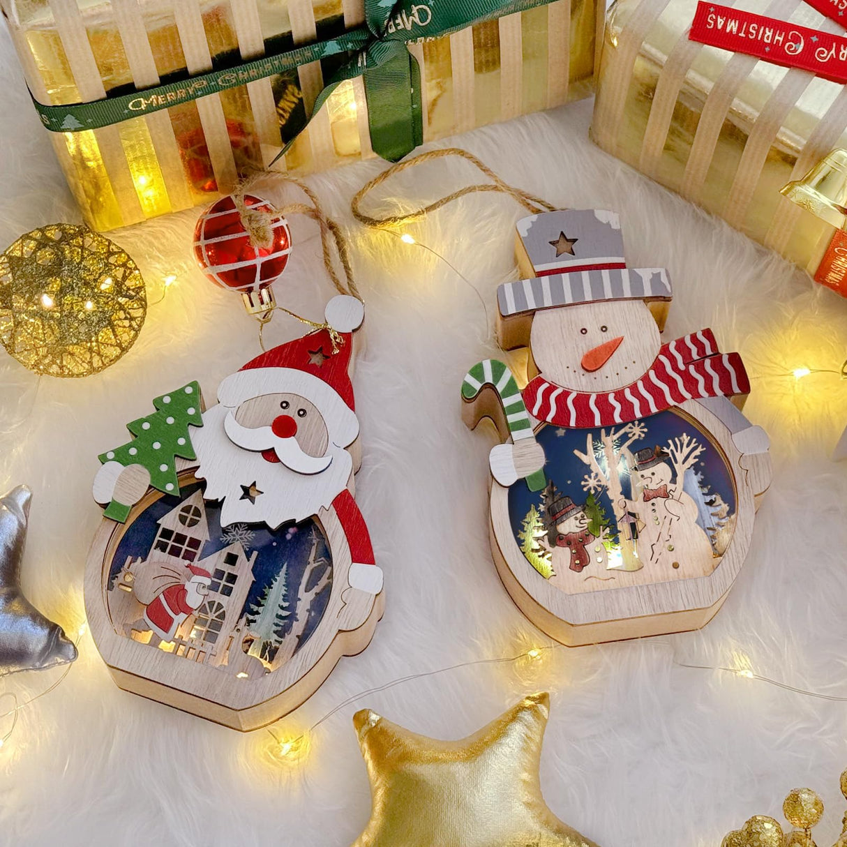 OurWarm 2 Pcs Wooden Christmas Ornaments, LED Luminous Wood Christmas Decor Snowman Santa Claus Christmas Tree Hanging Ornaments, Table Hotel Window Display, Crafts Gifts for Xmas Party Decor OurWarm