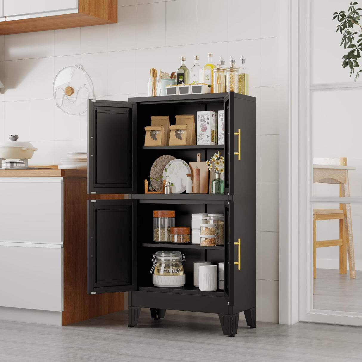 GAIOUS 47.25" Metal Storage Cabinet, Pantry Storage Cabinets with 4 Door and 2 Adjustable Shelves, Black Kitchen Food Storage Cabinet, Metal Utility Cabinet for Kitchen Dinning Room, Cupboard GAIOUS
