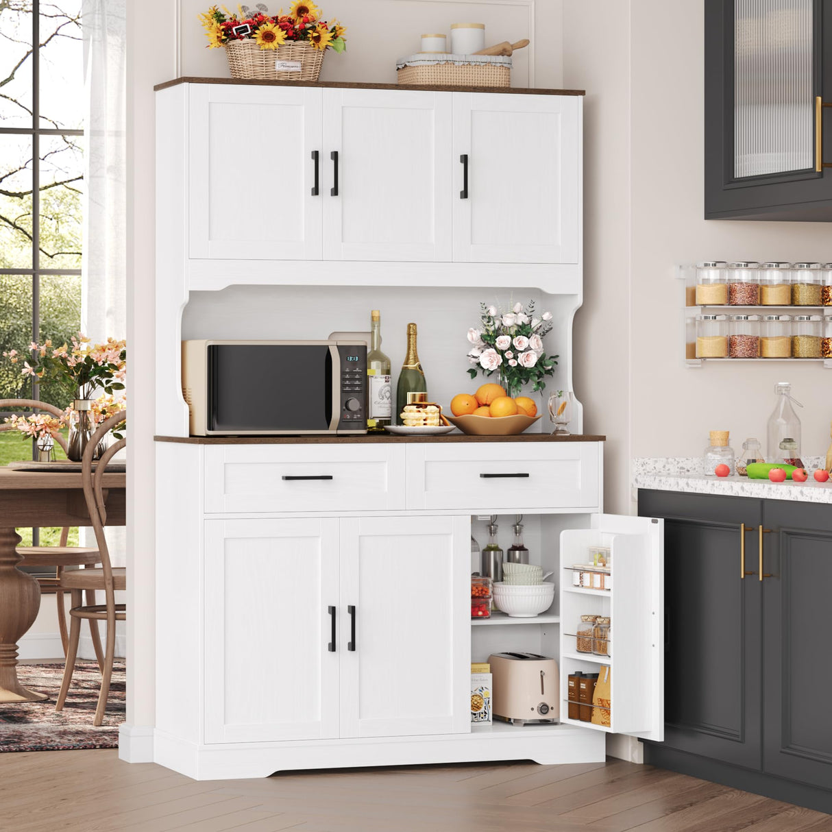 FACBOTALL Tall Kitchen Pantry Cabinet, Farmhouse Food Pantry Cabinet with Doors and Adjustable Shelves, Kitchen Hutch with Countertop and Microwave Stand for Dining Room, Living Room, White FACBOTALL