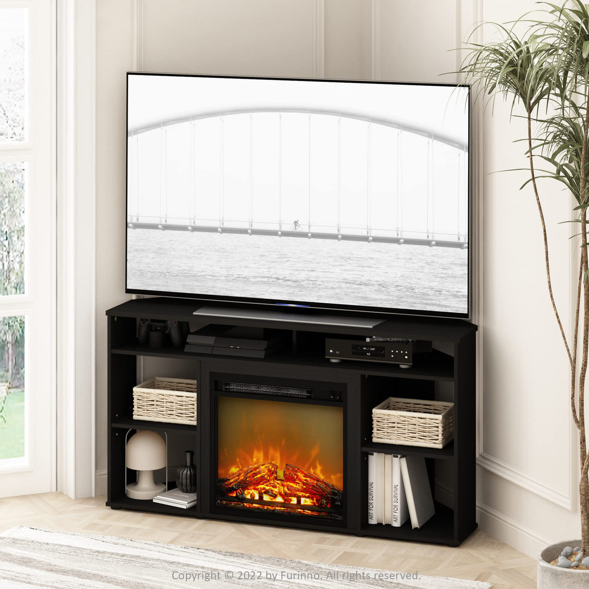 Furinno Jensen Corner TV Stand with Fireplace for TV up to 55 Inches, Americano Furinno