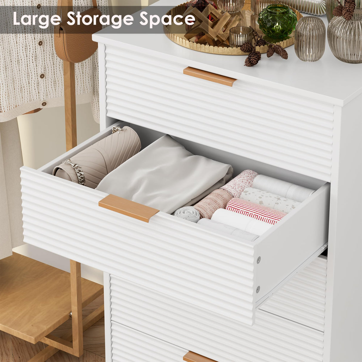 FACBOTALL 5 Drawer Dresser, White Dresser for Bedroom with Wavy Patterns, Wood Dressers with Embedded Handles, Modern Style Chest of Drawers for Living Room Hallway Entryway FACBOTALL