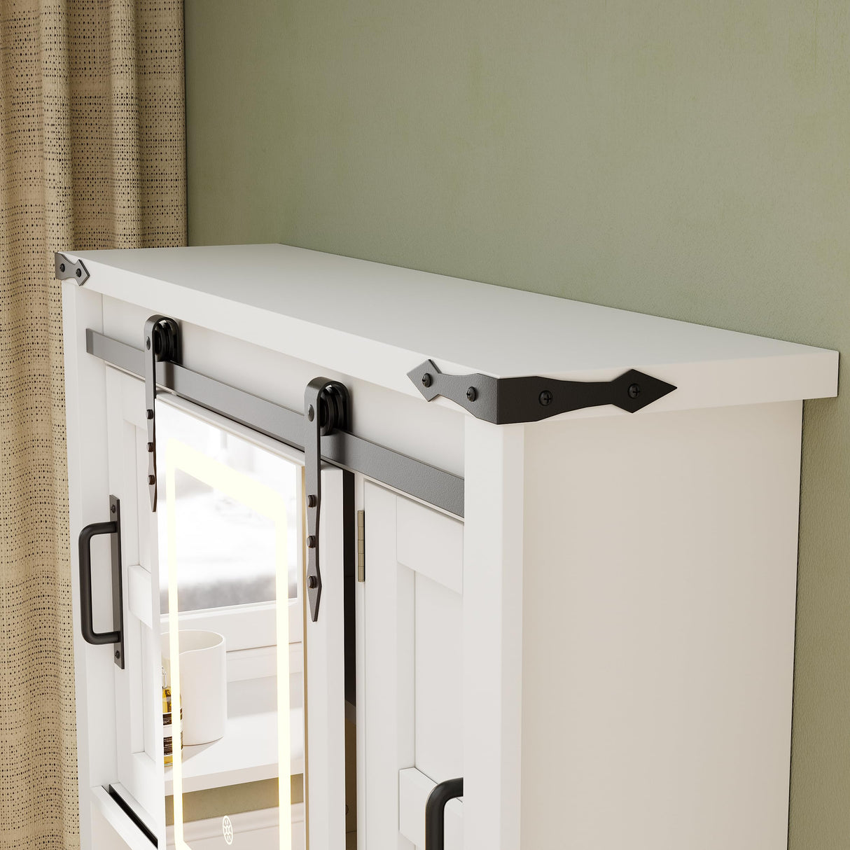 Mirror Medicine Cabinet Wall Mounted,Wall Cabinet with Lights, Bathroom Medicine Cabinet with Sliding Barn Door,Bathroom Vanity Cabinet with 2 Adjustable Shelf,3 Colors Touch LED Lights,White SDMY