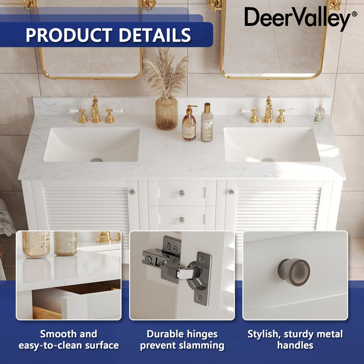 Deer Valley DV-1BV0157W 60'' Bathroom Vanity with Double Sink Top, Pre-Assembled Modern Wood Bathroom Cabinet Sink Combo with Backsplash Deer Valley
