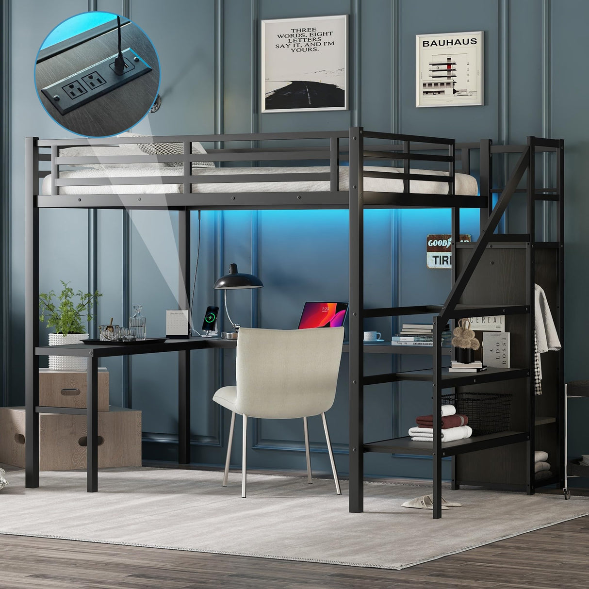 MAKIAAP Full Metal Loft Bed with Desk, Wardrobe & Storage Stairs – Heavy Duty Frame with LED Lights & Charging Station, Space-Saving Design for Adults & Teens (Black, Full) MAKIAAP
