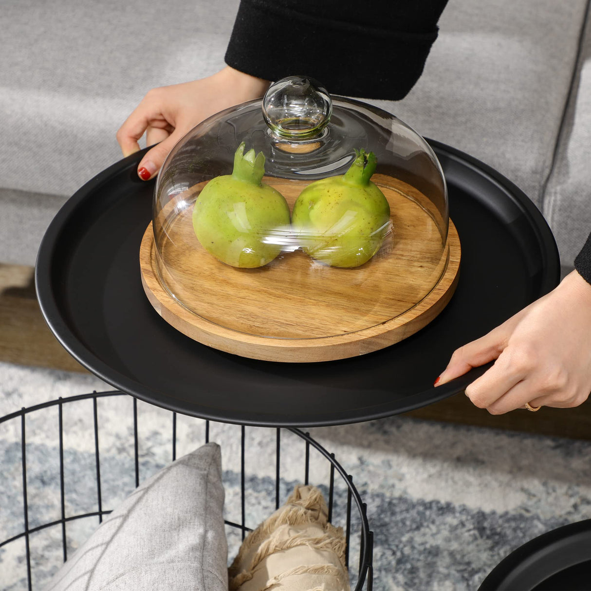 HOMCOM Nesting Coffee Tables, Round Coffee Table Set of 2 with Steel Wired Basket Body and Removable Top, Stacking End Tables Blanket Storage for Living Room, Black HOMCOM