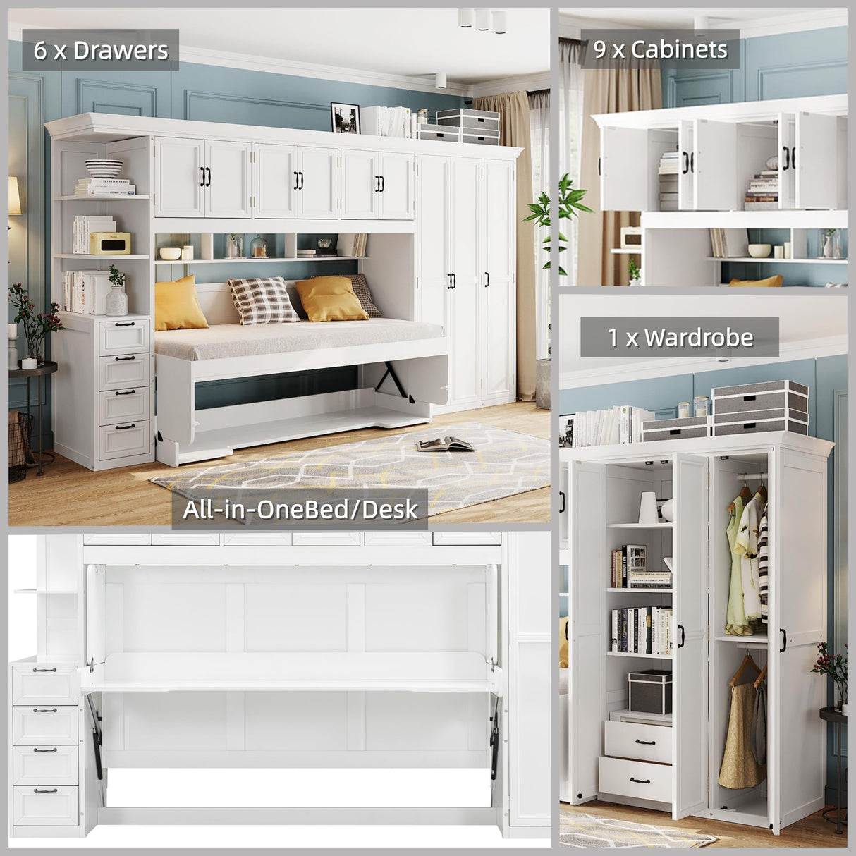 Merax Twin Size Murphy Bed with Desk, Multifunctional Wood Foldable Wall Bed with Wardrobe, Drawers and Cabinet, Space-Saving Hidden Bed for Guest Room Office, No Box Spring Needed, White Merax