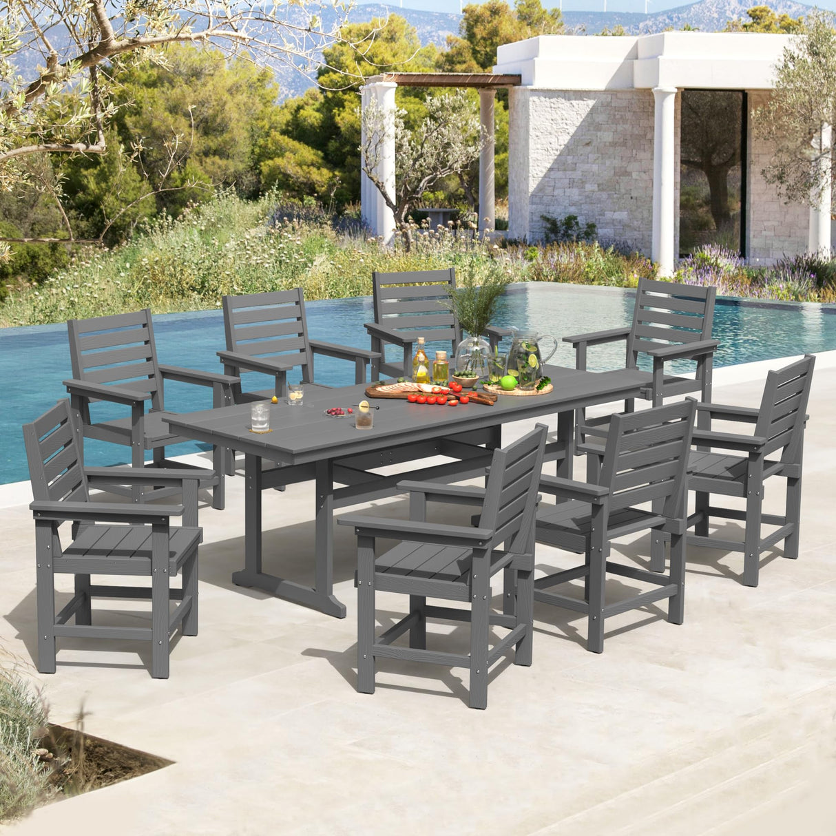 Homenjoy 9 Pieces Patio Table and Chairs Set, HDPS Weather Resistant Outdoor Patio Dining Set with Umbrell Hole, Rectangle Outdoor Dining Table with 8 Patio Chairs for Balcony Backyard Deck, Grey Homenjoy