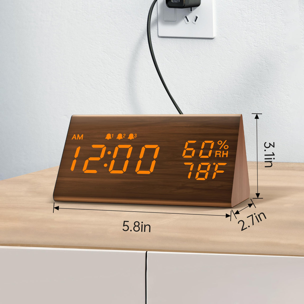 JALL Digital Alarm Clock, with Wooden Electronic LED Time Display, 3 Alarm Settings, Humidity & Temperature Detect, Wood Made Electric Clocks for Bedroom, Bedside (Brown) JALL