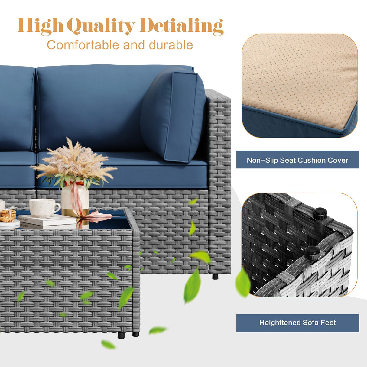 JAMFLY 5 Piece Outdoor Patio Furniture Set, PE Rattan Conversation Sofa Set with Thick Cushions & Glass Top Coffee Table, All-Weather Outside Furniture for Garden, Porch, Aegean Blue JAMFLY