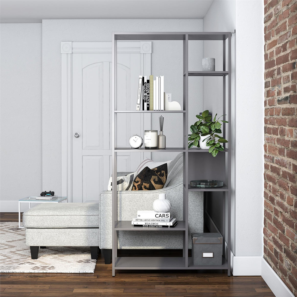 6-Tier Metal Bookcase & Room Divider, 72.83" Tall Narrow Bookshelf for Small Spaces, Open Shelf Storage Unit for Living Room, Office, Bedroom, Industrial Gray WoodArtSupply
