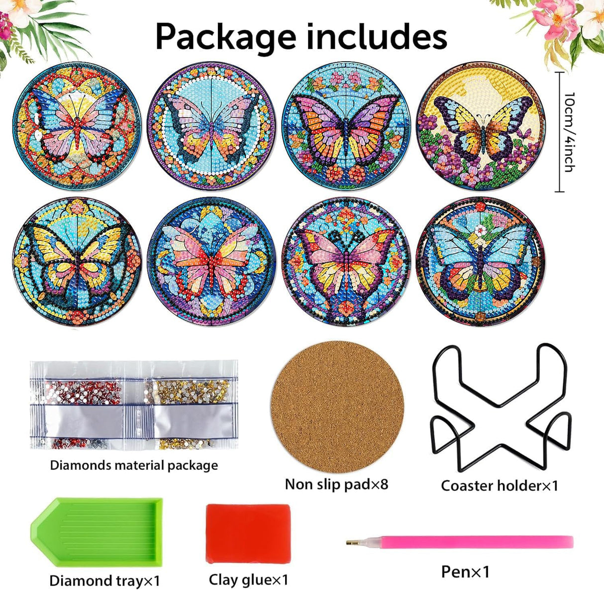Zythron 8 PCS Butterfly Diamond Art Coasters Diamond Painting Coasters Kits with Holder Butterfly DIY Coaster for Beginners, Adults, Diamond Art Crafts Supplies 4x4 in Zythron