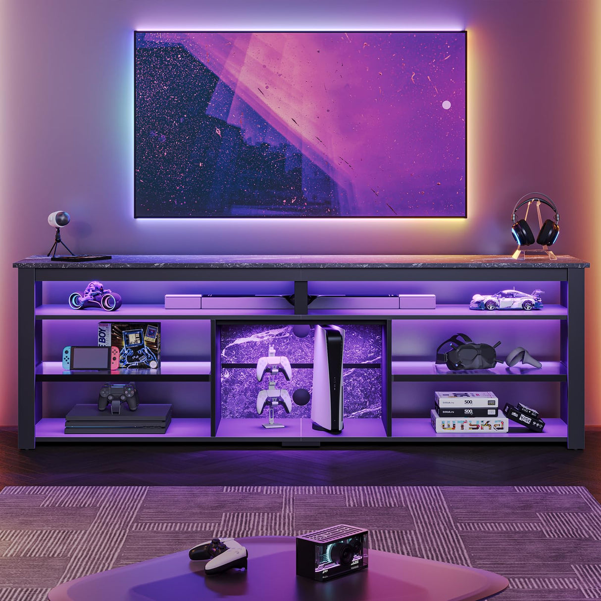Bestier 70 Inch TV Stand, Tall LED Entertainment Center for 70/75/80 inch TV, Gaming TV Cabinet with Storage for PS5, Modern TV Console for Living Room Bedroom, Black Marble Bestier