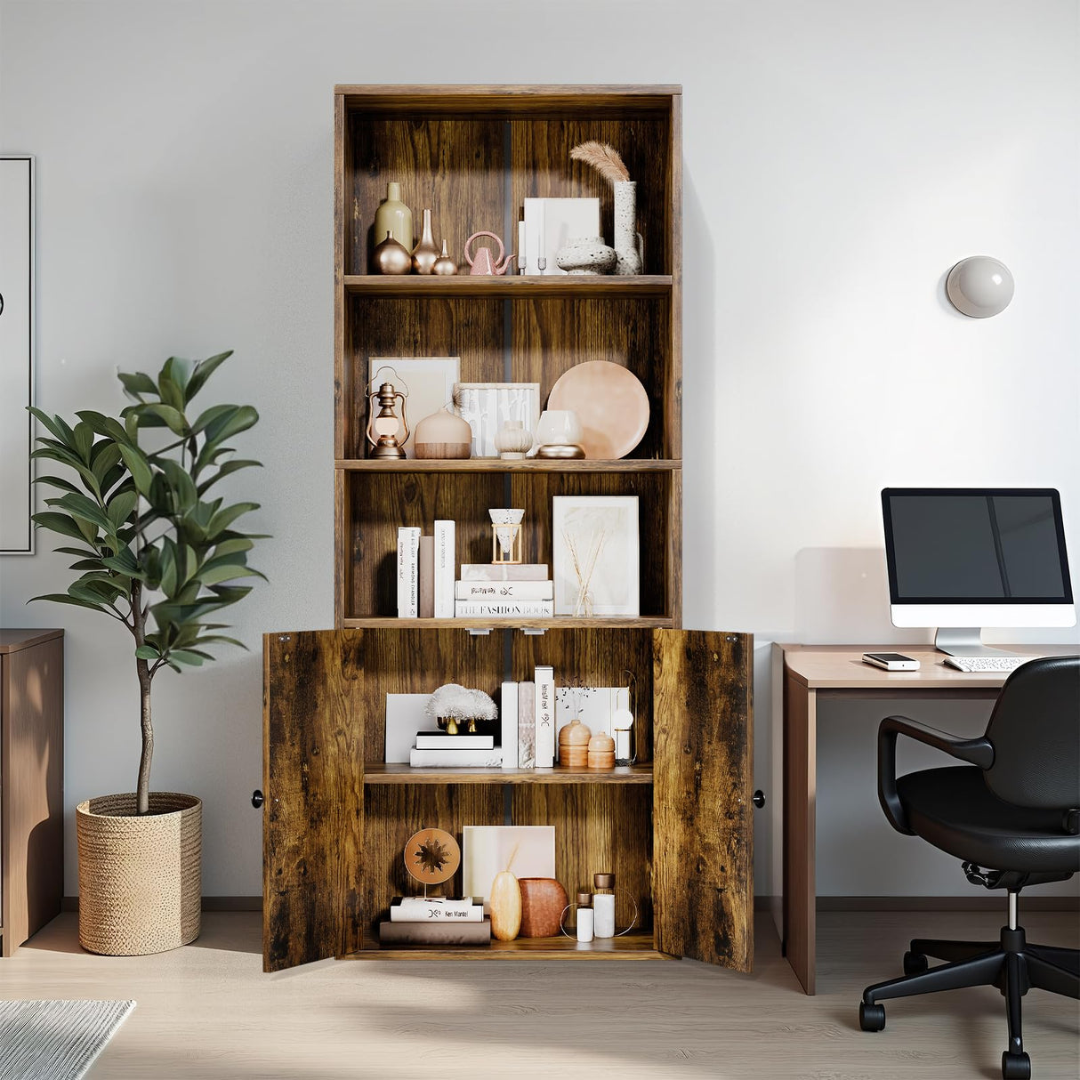 GRUSIGN 60 Inches Book Shelf Bookcase with Doors 5-Tier Floor Standing Wooden Tall Bookshelf with 2 Storage Cabinet and Adjustable Shelf for Home Office Living Room Brown GRUSIGN