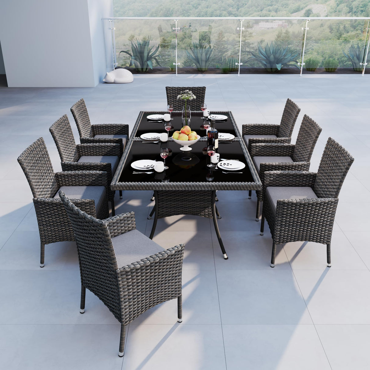 10 Piece Patio Dining Set All-Weather Wicker Outdoor Patio Furniture Set Include 8 Dining Chairs w/Soft Cushions and 2 Tempered Glass Table with Umbrella Hole,Rattan Patio Conversation Set,Brown/Gray Halmuz