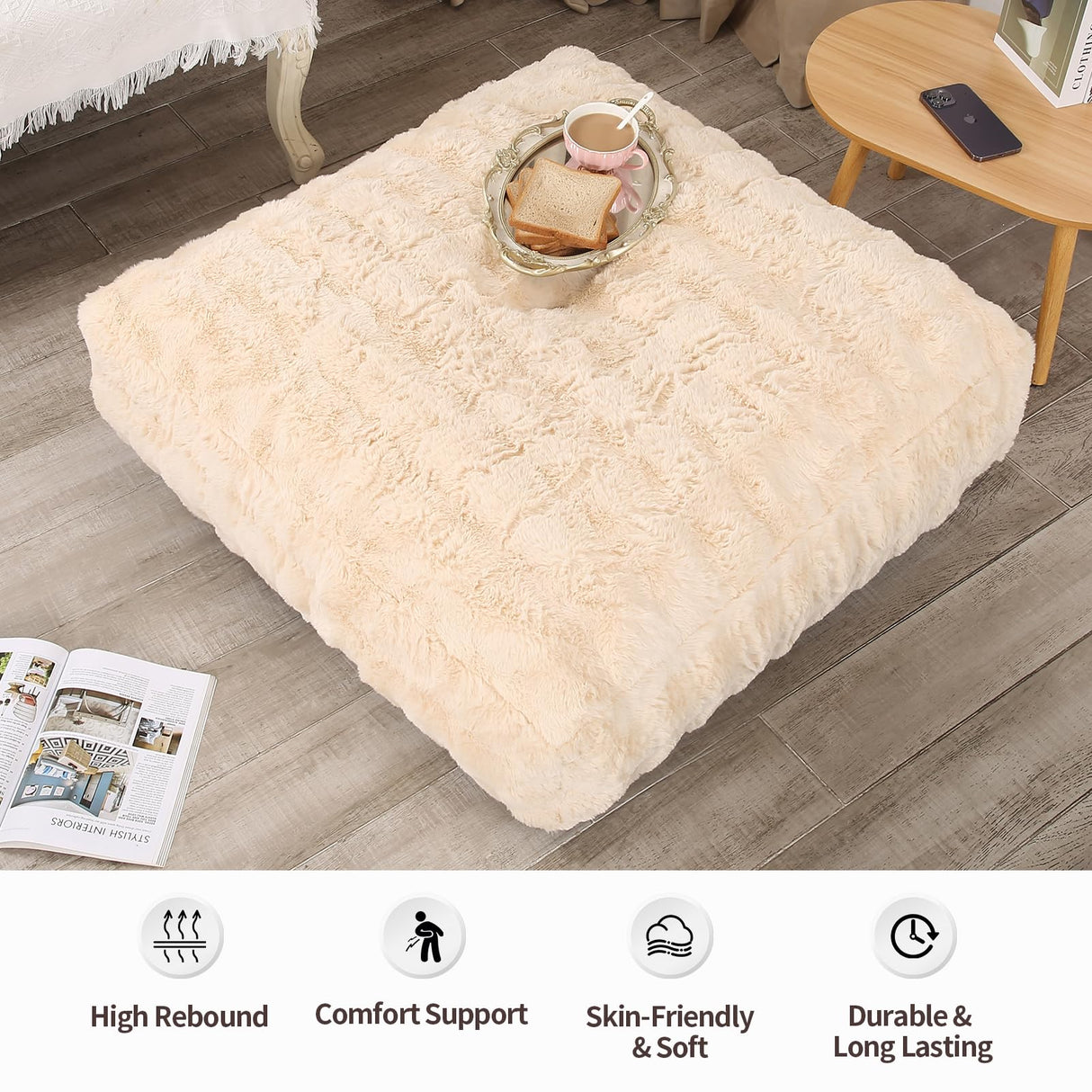 LOVMOC Square Pouf Ottoman, Comfy Lazy Floor Footrest with Memory Foam Filling, Fluffy Bubble Ottoman for Living Room, Office, Beige LOVMOC