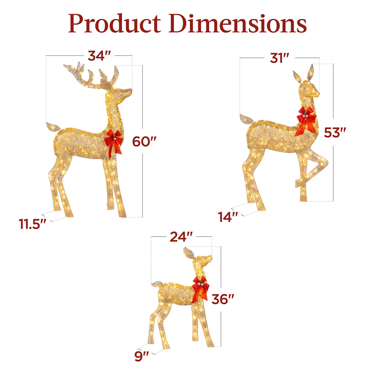 Best Choice Products 3-Piece Large Lighted Christmas Deer Family Set 5Ft Outdoor Yard Decoration with 360 LED Lights, Stakes, Zip Ties - Gold Best Choice Products
