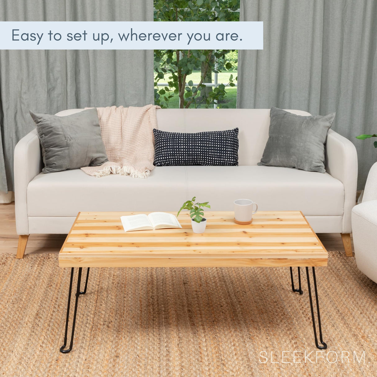 Sleekform Folding Wooden Coffee Table - Collapsible 20x40 Light Wood Mini Desk - Lightweight Foldable Coffee Tables for Small Spaces - Fold Up Hairpin Legs - Birch Wood Finish Sleekform