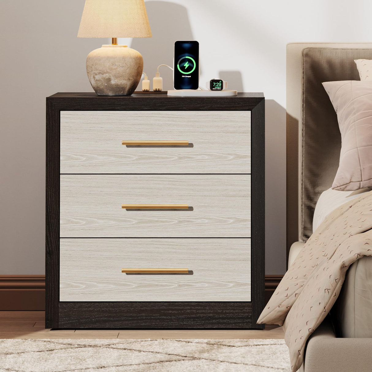 SICOTAS 24" Night Stands Set of 2, Black Nightstand with Charging Station, Large 3 Drawers Nightstand, Tall Mid Century Modern Nightstands Bedroom Bed Side Table for Bedroom Living Room Sofa SICOTAS