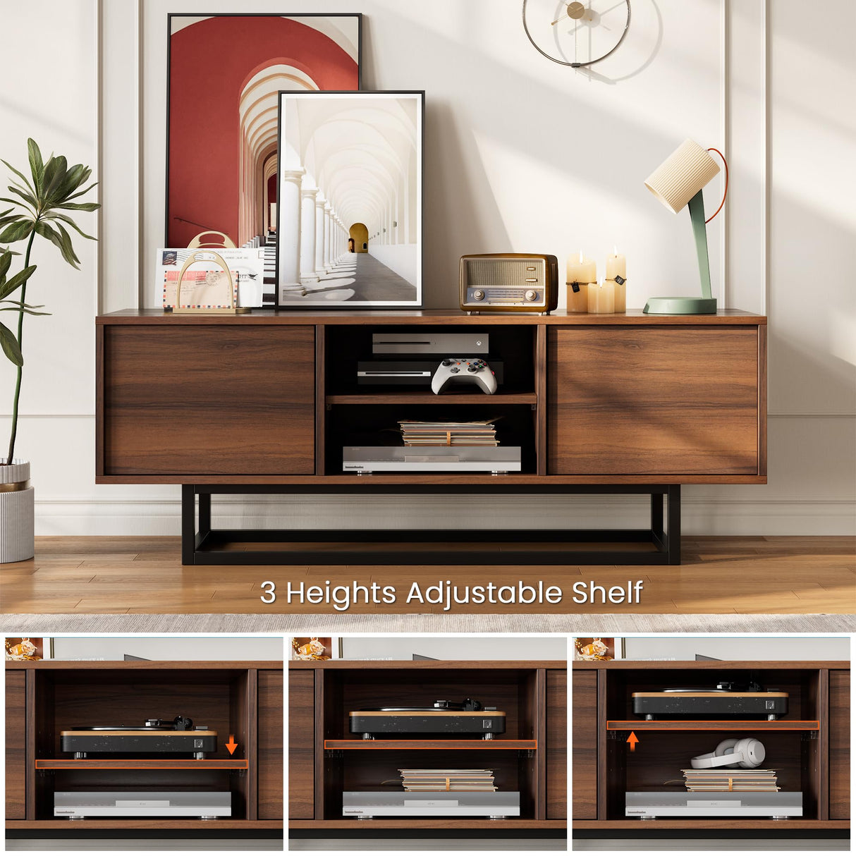 HAIOOU TV Stand for 50 55 Inch TV, Modern TV Console Small Entertainment Center with Sturdy Metal Base, Push-to-Open Doors and Soft-Close Hinges for Living Room, Bedroom - Walnut Brown HAIOOU