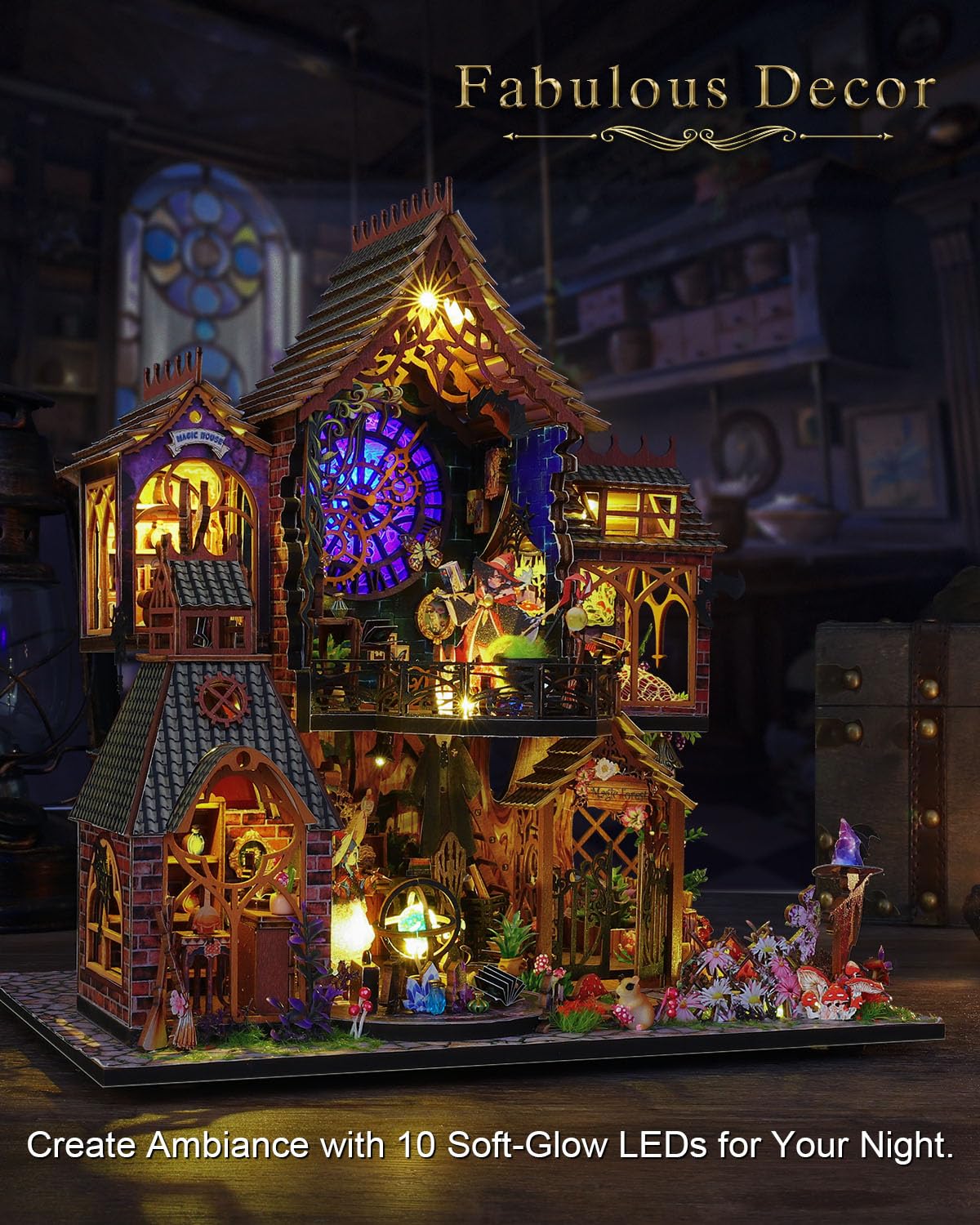 OurMiao DIY Miniature House Kit Magic Forest, Mini Doll House Building Kit with LED Lights Furniture, Miniature Dollhouse Kit Wooden Crafts for Adults Teens Gifts OurMiao
