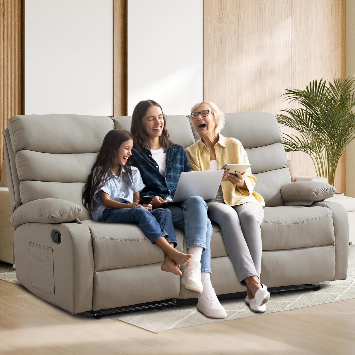 GNMLP2020 Loveseat Recliner Sofa Set, Small Leather Couch 3-Seater Manual Seater Reclining, Triple Recliner Chair for Living Room, RV, Home Theater Seating(Beige, 3 Seater Sofa) GNMLP2020