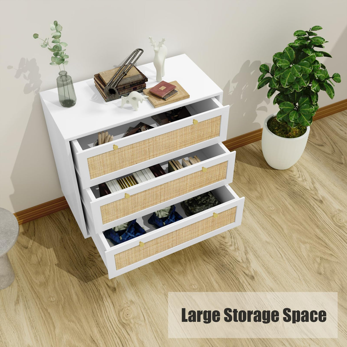 Anmytek Dresser for Bedroom with 3 Drawers, Modern Wood 3 Drawer Dresser, White Chest of Drawer with Spacious Storage Rattan Dresser for Bedroom Living Room H0072 Anmytek