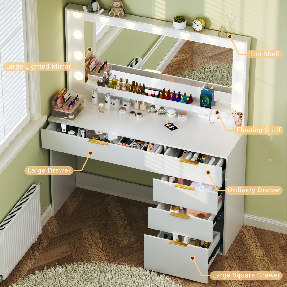 LIMGLIM Makeup Vanity Desk with Lights & Large Mirror, 39.3in Vanity Desk with Mirror and Lights, 3 Lighting Color Adjustable, 5 Drawers, Vanity with Lights for Bedroom LIMGLIM