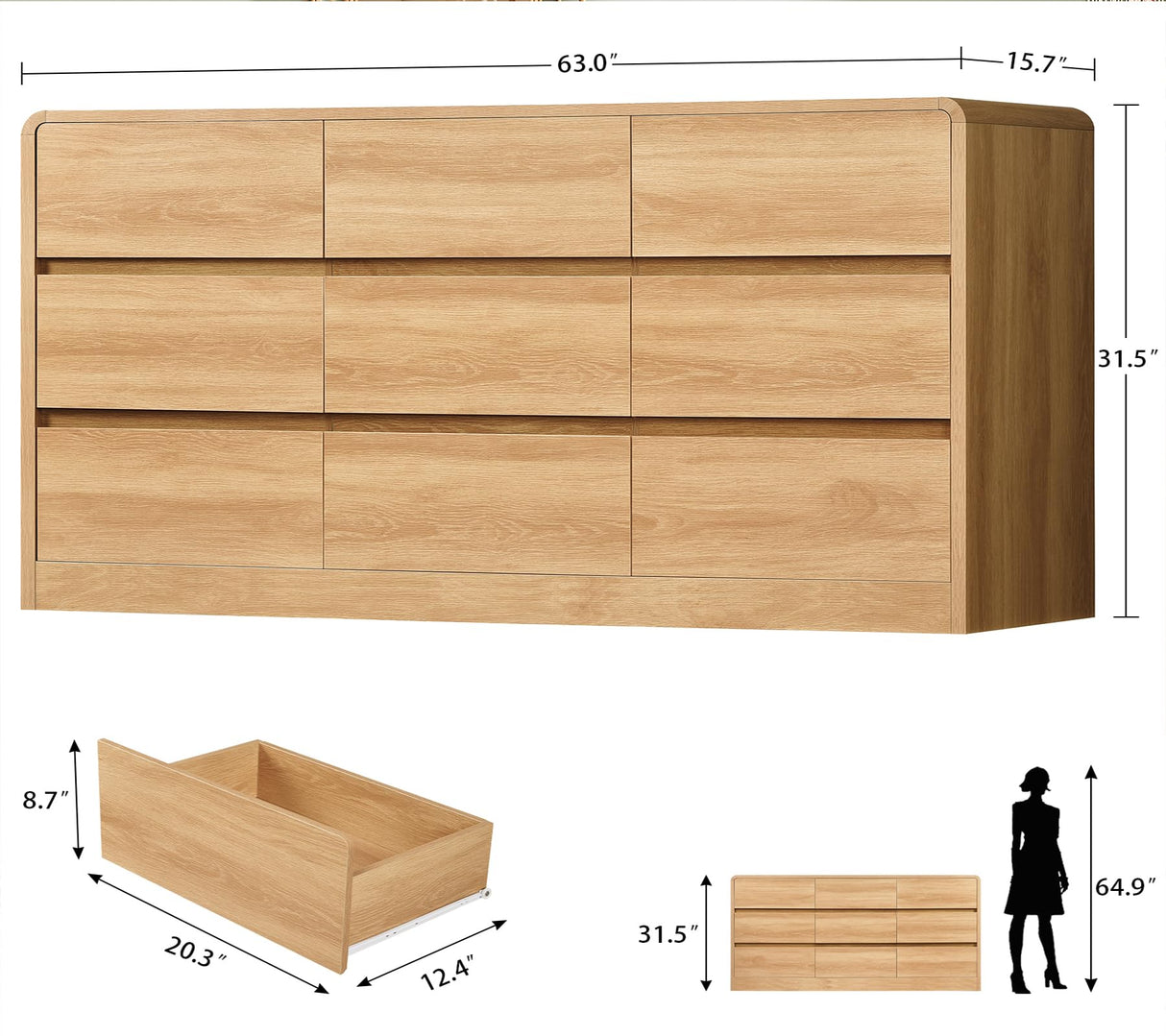 TEENFON 9 Drawer Dresser for Bedroom, 63" Wide Dressers & Chest of Drawers with Curved Profile Design, Wood Closet Storage Dressers Organizer for Bedroom, Living Room, Natural TEENFON