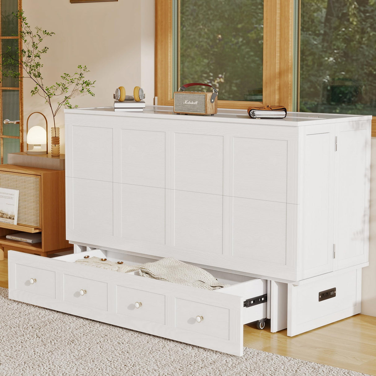 Keloyid Solid Wood Murphy Bed Cabinet:Queen Size Murphy Bed with USB Charging Station and Large Storage Drawer for Home,Optimize Sleeping Space(Mattress Not Included) Ivory White-11 Keloyid