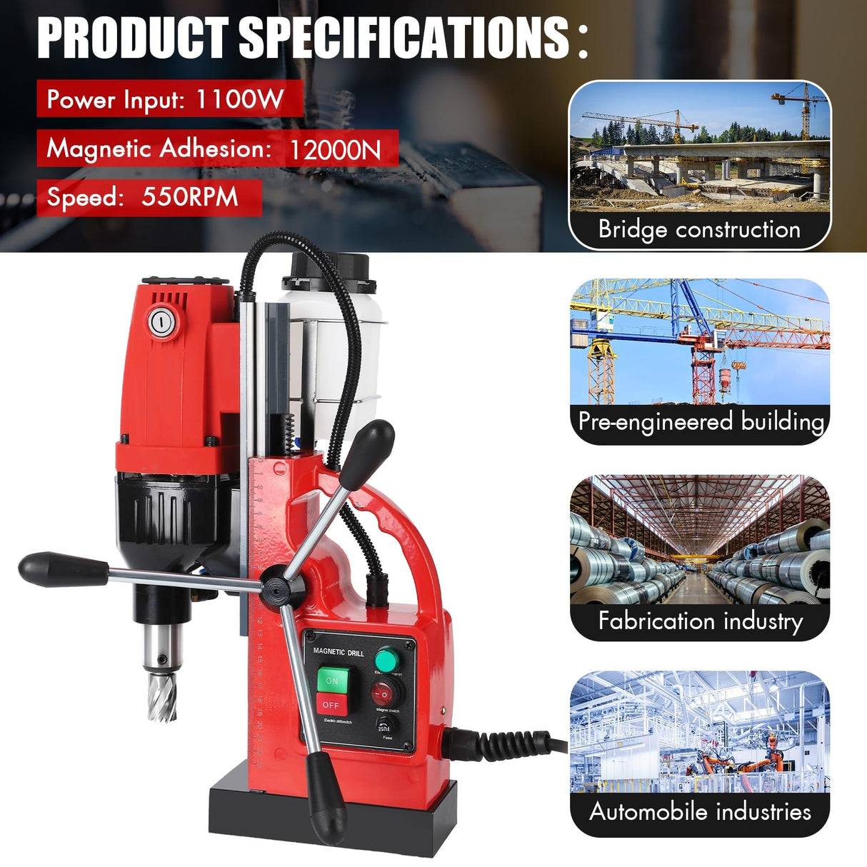 GARVEE Magnetic Drill Press, 1100W 550RPM Portable Mag Drill Press, Magnetic Core Drilling Machine for Metal Working,14Pcs Annular Cutters Drill Bits,Red GARVEE