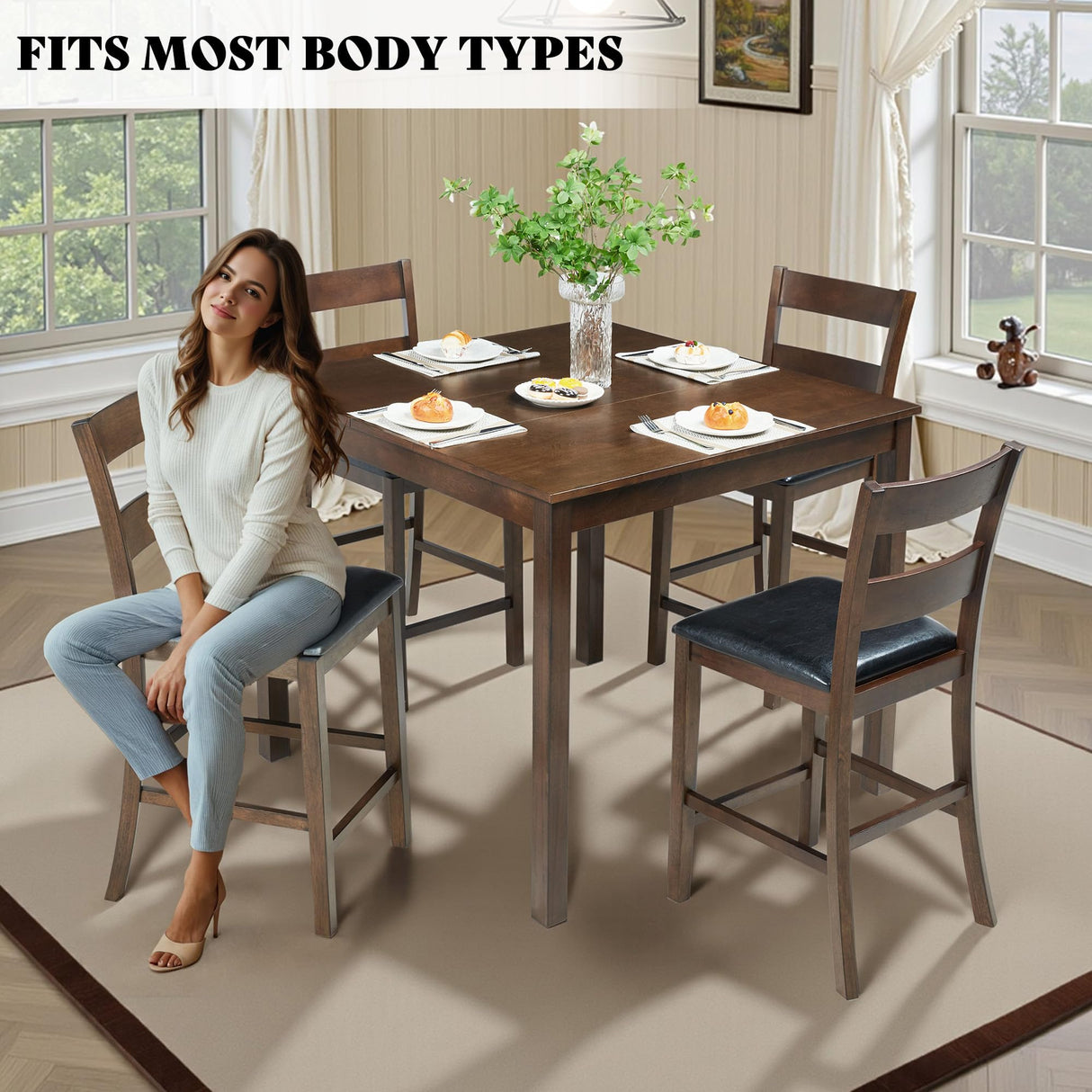 AMERLIFE Solid Wood 5-Piece Dining Table Set, Mid Century Modern Dining Set W/ 4 Chairs, Chairs with Curved Backrests & PU Cushioned, Space Saving, Black/Walnut AMERLIFE