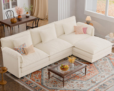 ELUCHANG 113" L Shaped Modular Sectional Sofa, Comfy Cloud Couch, Deep Seat Sofa Couches for Living Room, 4-Seater Modern Sofa with Movable Ottoman for Apartment, DIY Combination,Chenille Cream White