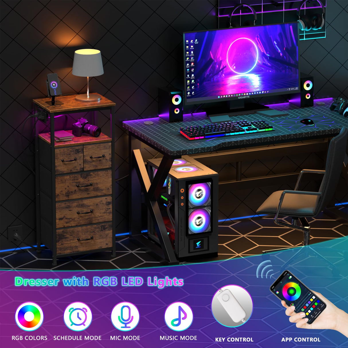 Furnulem Dresser for Bedroom, Tall Nightstand, Vertical Chest with Wood Top, Charging Station, LED Lights, 5 Fabric Bins, Bedside Table with Shelf, Furniture for Entryway (5 Drawer, Rustic Brown) Furnulem