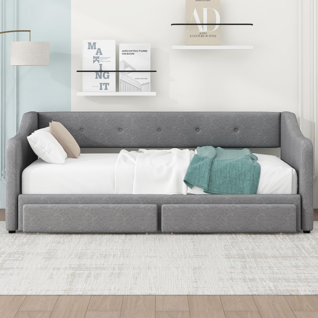 Merax Linen Upholstered Daybed with Trundle and 2 Storage Drawers, Twin XL to King Size Wooden Bed Frame & Buttoned Back for Living Room,Guest Room, No Box Spring Needed, Easy Assembly, Gray Merax