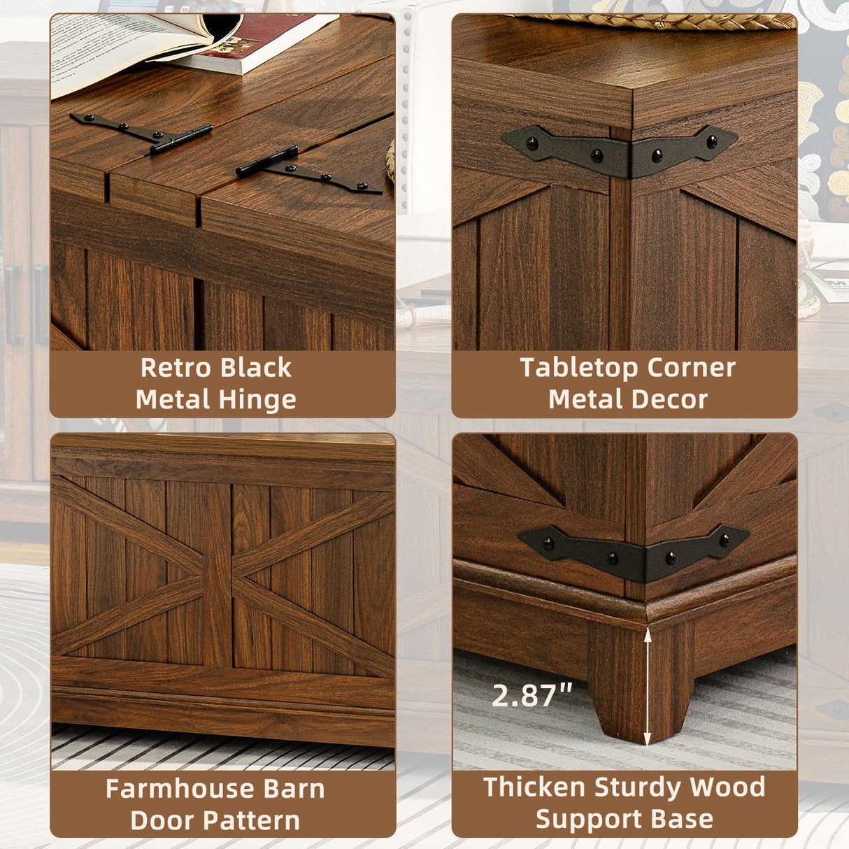 Joaxswe Farmhouse Coffee Table with Hidden Storage Space, Wood Square Large Center Table for Living Room, Farm House Rustic Brown Retro Coffee Tables with Hinged Lift Top for Meeting Room, Home Joaxswe