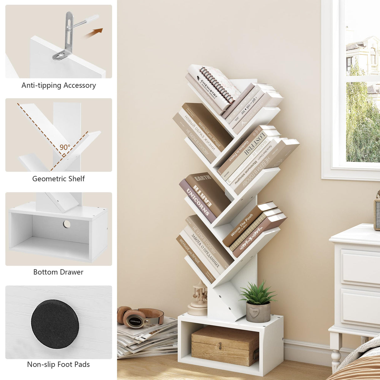 Hoctieon 6 Tier Tree Bookshelf, Tall Bookcase with Drawer, Freestanding Book Shelf, Display Floor Standing Storage Shelf, Book Organizer Shelves for Home Office, Living Room, Bedroom, White Hoctieon